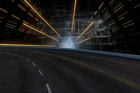 Asphalt road and Virtual triangular channel background, 3d rendering. Illustrazione stock