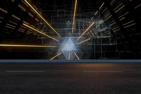 Asphalt road and Virtual triangular channel background, 3d rendering. Ilustración de archivo