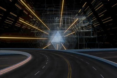 Asphalt road and Virtual triangular channel background, 3d rendering. Illustrazione stock