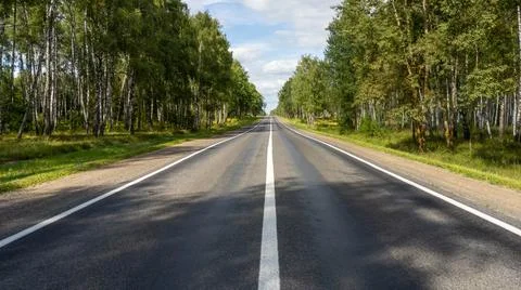 Asphalt road and white continuous marking line going through a dense forest.. Stock Photos