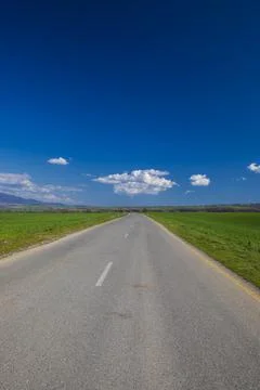 Asphalt road between green fields Stock Photos