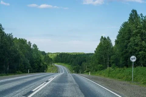 Asphalt road going through the forest on a summer sunny day Stock Photos