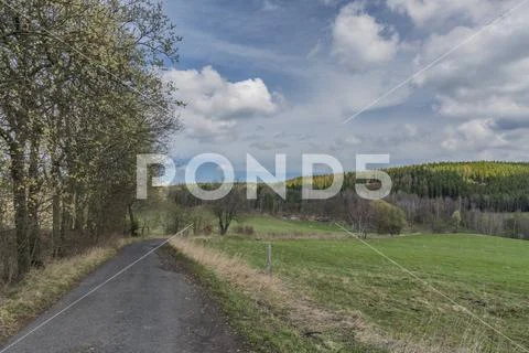 Asphalt road near meadows and pasture land in spring day Stock Photos