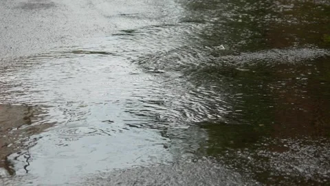 Asphalt road with raindrops falling. asphalt road with puddles after rain Stock Footage 304770696