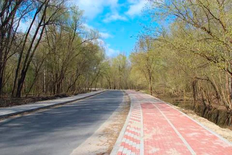 Asphalted road with pavement in spring park Stock Photos
