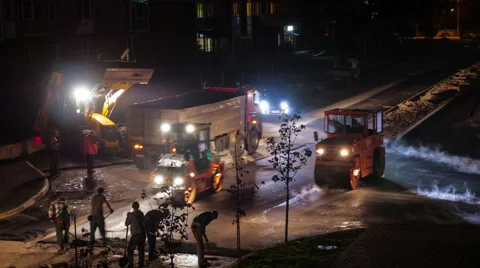 Asphalting the Road at Night, Time-Lapse Stock Footage 62183946