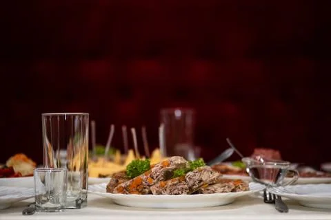 Aspic on the table, restaurant. Also known as jello salads or gelatin salads. Stock Photos