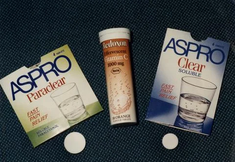 Aspro Clear With Asprin Aspro Paraclear Wth Paracetamol And Ten Orange Redoxon V Stock Photos