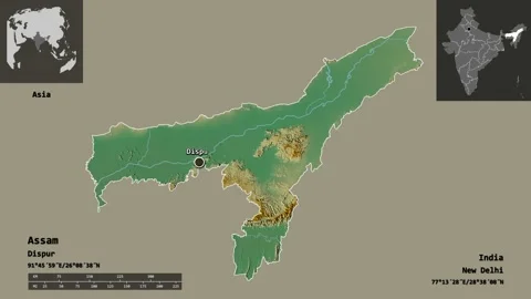 Assam location. India. Relief map Vídeos de archivo 135361783