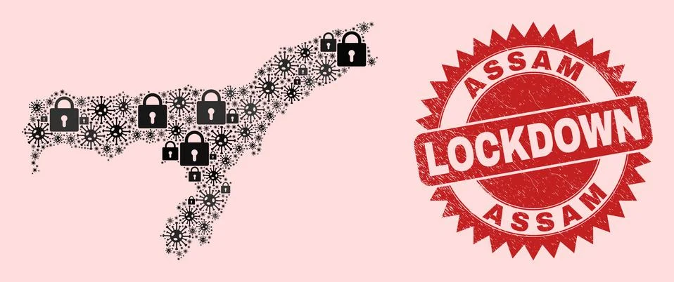 Assam State Map Composition of Locks and Coronaviruses and Scratched Lockdown Illustrazione stock