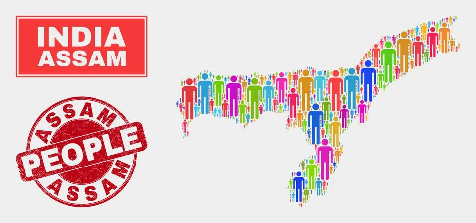 Assam State Map Population People and Unclean Stamp Seal Illustrazione stock