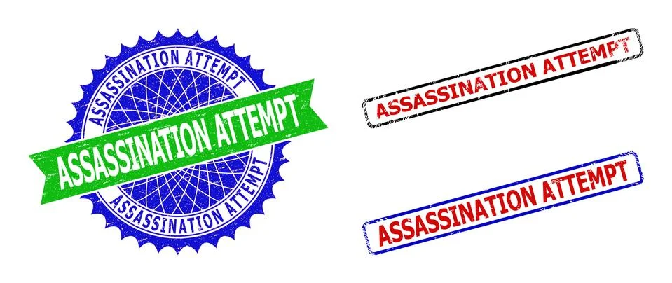 ASSASSINATION ATTEMPT Rosette and Rectangle Bicolor Seals with Distress Surfaces Stock Illustration