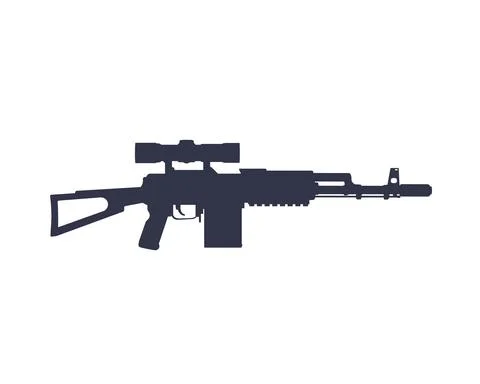 Assault rifle, automatic gun with optical sight vector silhouette on white Stock Illustration