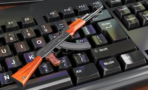 Assault rifle on computer keyboard concept, 3D rendering Stock Illustration