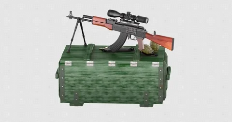 Assault rifle with telescopic sight and bipod, hand grenades on military wo.. Stock Footage 337797490