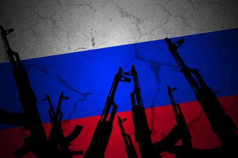 Assault rifles against the background of flags. Russian-Ukrainian crisis Stock Illustration
