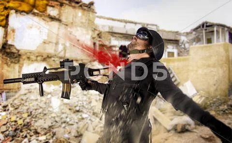 Assault troops, soldier wounded in action, shot in the chest Stock Illustration