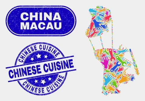 Assemble Macau Map and Distress Chinese Cuisine Seals Stock Illustration