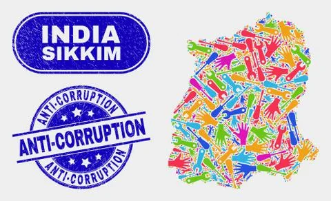 Assemble Sikkim State Map and Grunge Anti-Corruption Stamps 스톡 일러스트