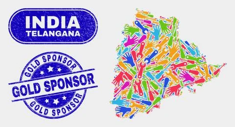 Assemble Telangana State Map and Scratched Gold Sponsor Seals 스톡 일러스트