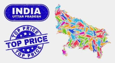 Assemble Uttar Pradesh State Map and Scratched Top Price Seals Stock Illustration