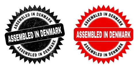 ASSEMBLED IN DENMARK Black Rosette Stamp Seal with Distress Texture Illustrazione stock