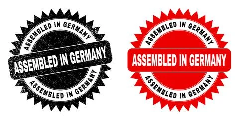 ASSEMBLED IN GERMANY Black Rosette Stamp Seal with Grunge Texture 스톡 일러스트