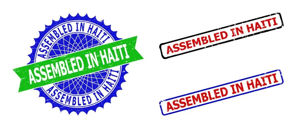 ASSEMBLED IN HAITI Rosette and Rectangle Bicolor Stamp Seals with Unclean Styles Stock Illustration