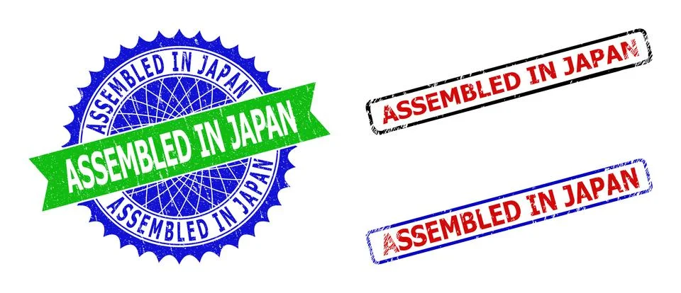 ASSEMBLED IN JAPAN Rosette and Rectangle Bicolor Badges with Scratched Textures Stock Illustration