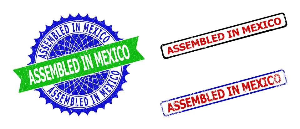 ASSEMBLED IN MEXICO Rosette and Rectangle Bicolor Seals with Grunge Textures Stock Illustration