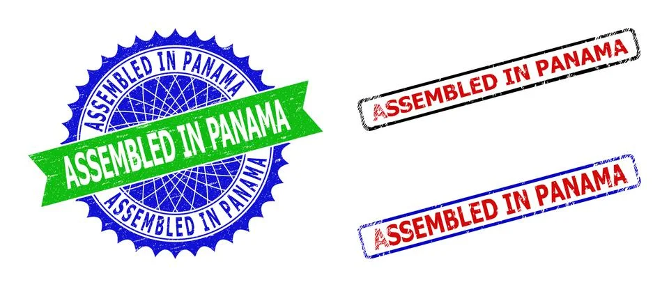 ASSEMBLED IN PANAMA Rosette and Rectangle Bicolor Stamps with Rubber Textures Stock Illustration