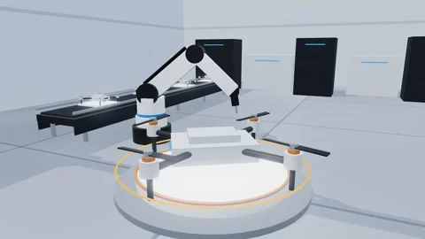 Assembled quadcopter drone rotating inspection platform quality check Stock Footage 340779249