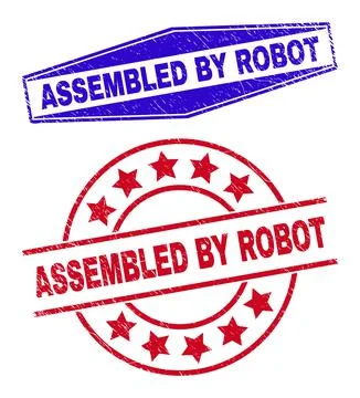 ASSEMBLED BY ROBOT Rubber Stamp Seals in Round and Hexagon Shapes Stock Illustration