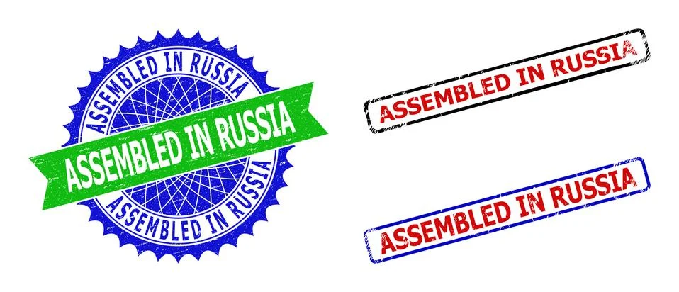 ASSEMBLED IN RUSSIA Rosette and Rectangle Bicolor Badges with Grunge Textures イラスト素材