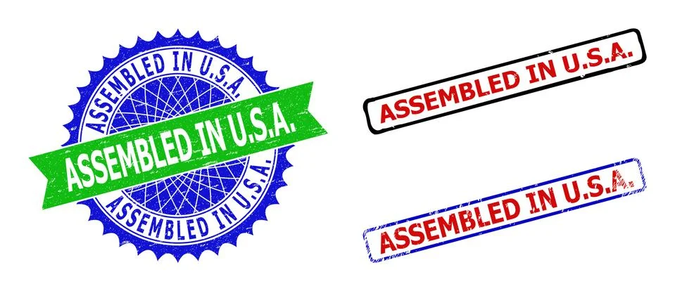 ASSEMBLED IN U.S.A. Rosette and Rectangle Bicolor Stamp Seals with Rubber Tex Stock Illustration