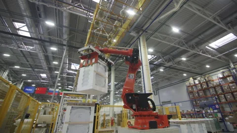 Assembled washing machine moved from conveyor by robot Stock Footage 246582000