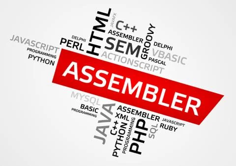 ASSEMBLER word cloud, tag cloud, vector graphics - programming concept Illustrazione stock