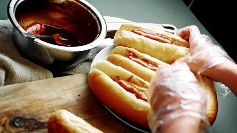 Assembling BBQ Bratwurst in Soft Buns — Macro Texture Stock Photos