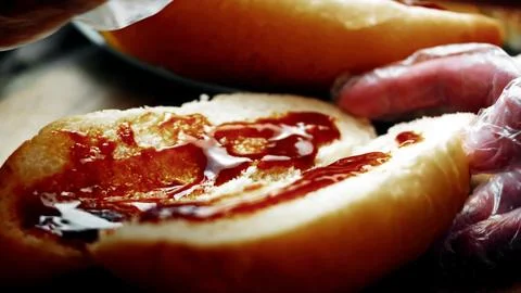 Assembling BBQ Bratwurst in Soft Buns — Overhead Composition Stock Photos