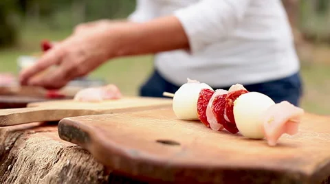 Assembling chicken kebabs Stock Footage 63305559