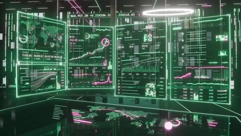 Assembling curved holographic panels in virtual command room with data arriving, Stock Footage 348240228