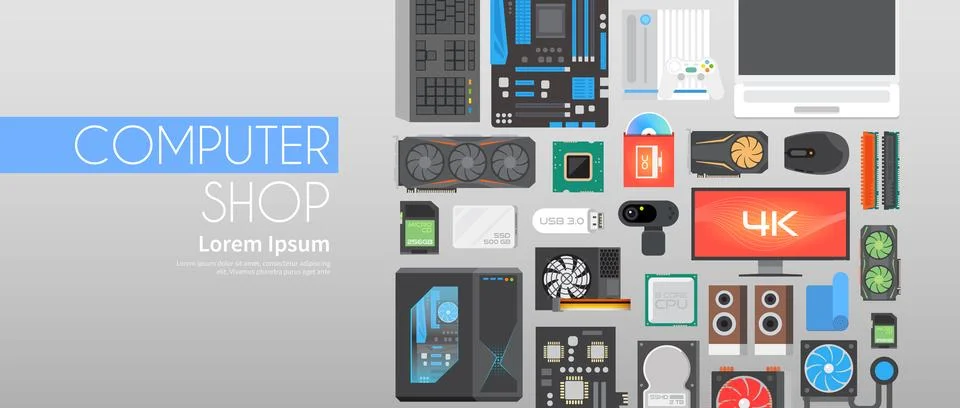 Assembling a desktop computer, buy computer, computer repair, ultrabooks. Illustrazione stock