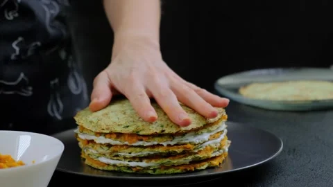 Assembling Green Crepe Stack in Cooking Kitchen Stock Footage 341446468