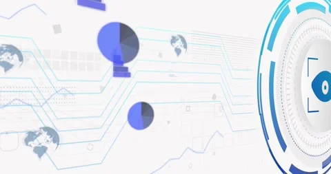 Assembling HUD ring with blue eye at right at start, showing scanning lines, Stock Footage 331161342