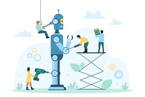 Assembling machines and program, AI technology production, tiny engineers repair Stock Illustration