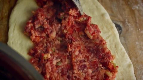 Assembling Meat and Cheese Turkish Pide — Serving Perspective Stock Photos