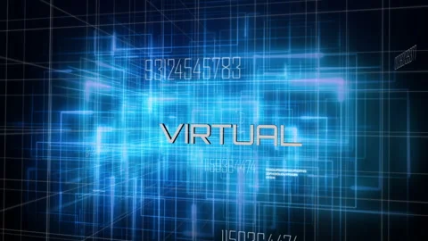 Assembling neon beams into wireframe cube on dark grid lines revealing VIRTUAL Stock Footage 311475173