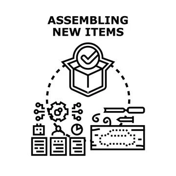 Assembling new items workflow product creation concept Stock Illustration