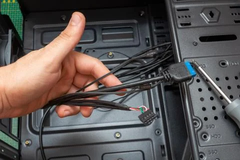 Assembling a personal computer processor connecting wires in a service. Upgra Stock Photos