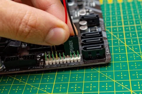 Assembling a personal computer processor connecting speaker in a service. Upg 写真素材